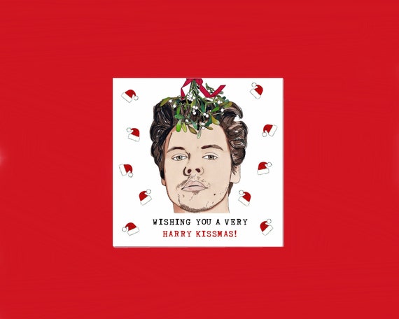 Harry Styles Christmas Card • Happy Christmas • Wishing You a Very Harry Kissmas • Pun Card • Mistletoe • Santa Hats • One Direction