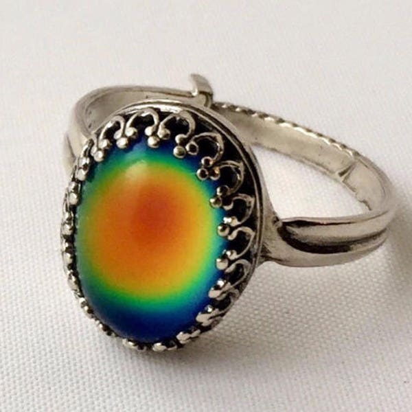 STERLING Silver 925 MOOD RING Medium Oval Crown Colorful 14x10mm Aurora Rainbow Color Changing Adjustable Band Jewelry