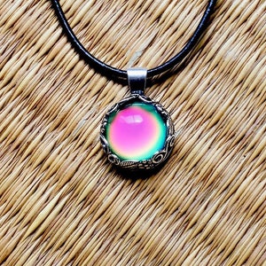 MOOD RING Leather Necklace Silver Floral Pendant Colorful Aurora Rainbow Color Changing Jewelry image 1