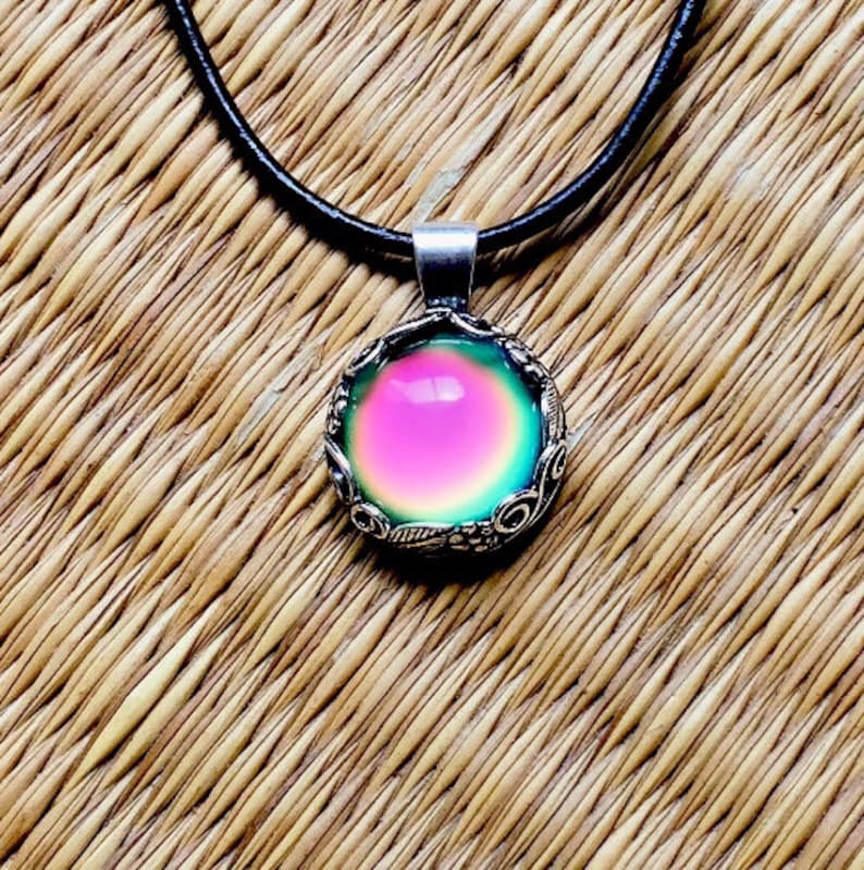 MOOD RING Leather Necklace Silver Floral Pendant Colorful Aurora Rainbow Color Changing Jewelry image 1