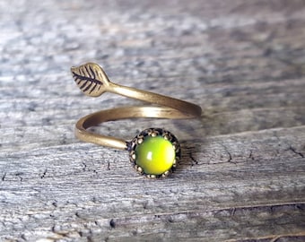 MOOD Ring Brass Small Leaf Adjustable Band Aurora Rainbow Jewelry