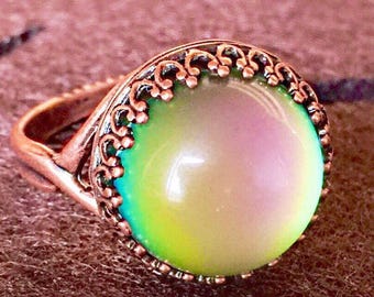 MOOD RING 14mm Large Round Copper Crown Colorful Aurora Rainbow Adjustable Band Jewelry
