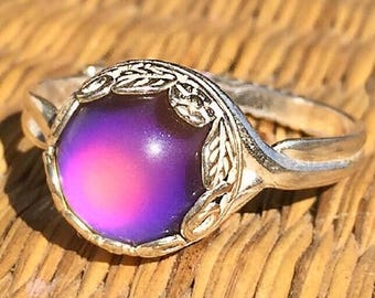 STERLING Silver 925 Mood Ring Small Floral Round Crown Colorful Aurora Rainbow Adjustable Band Jewelry