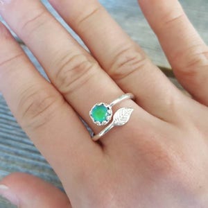 SHINY STERLING Silver or silver Plated MOOD ring Leaf Adjustable Band Aurora Borealis Jewelry
