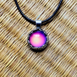 MOOD RING Leather Necklace Silver Floral Pendant Colorful Aurora Rainbow Color Changing Jewelry image 4