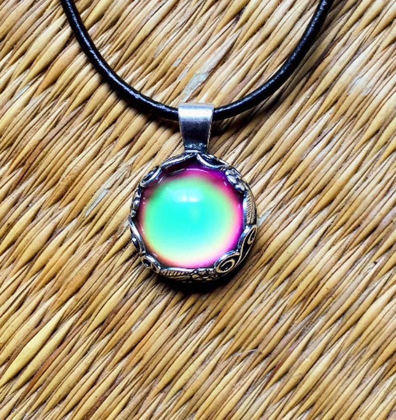 MOOD RING Leather Necklace Silver Floral Pendant Colorful Aurora Rainbow Color Changing Jewelry image 5