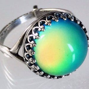 STERLING Silver 925 MOOD Ring 14mm Large Round Crown Colorful Aurora Rainbow Adjustable Band Jewelry