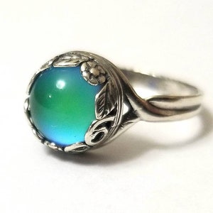 STERLING Silver 925 Mood Ring Small Floral Round Crown Colorful Aurora Rainbow Adjustable Band Jewelry