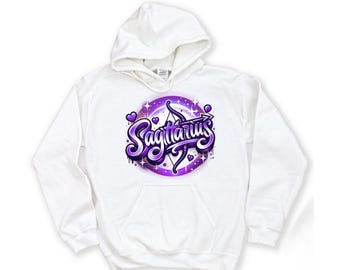 Sagittarius Season Purple Hearts Hoodie | Zodiac Birthday Crewneck, Sag retro airbrush design , horoscope