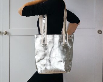 metallic silver tote bag