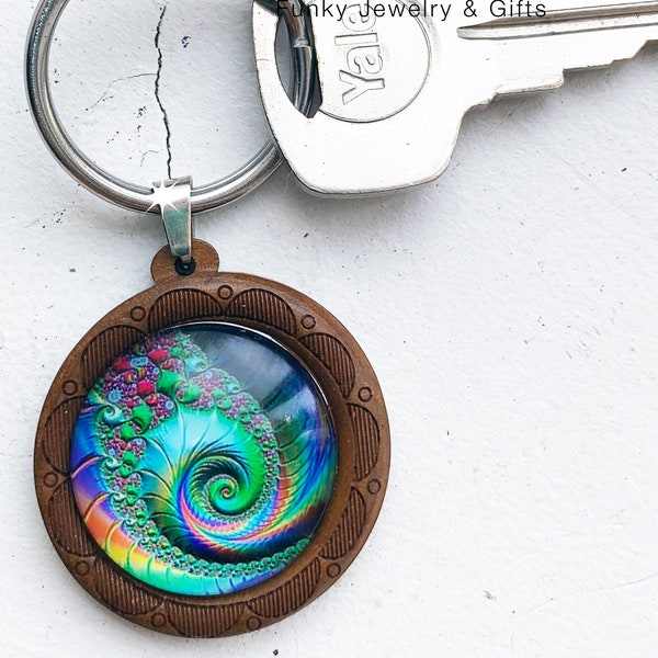 fractal swirl green blue pink keychain | metal wood keychain | bottle opener | music festival jewelry | silver keychain | music gift | edm