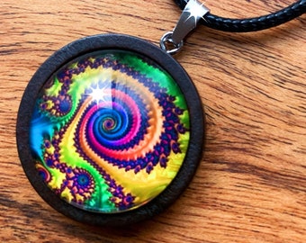 fractal swirl multi color pendant necklace | cabochon pendant | rave jewelry | boho gift for her | birthday for her | music festival