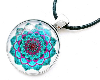 GEOMETRIC TURQUOISE PINK pendant necklace | cabochon pendant keychain | rave jewelry | boho gift | birthday | music festival | statement