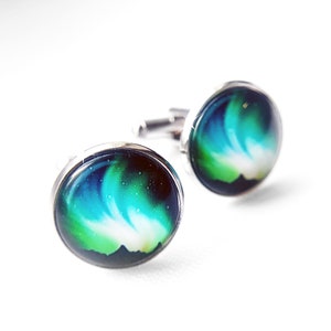 NORTHERN LIGHTS CUFFLINKS tie clip teal blue green turquoise | gift for men groom | galaxy wedding | astronomy gift | edm music gift