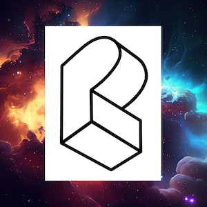 May include: A black and white illustration of a three-dimensional letter R against a dark blue and orange nebula background.