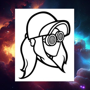 May include: Black and white line drawing of a person wearing a cap and goggles with a swirling pattern. The person has long hair and is looking to the right.
