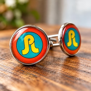 May include: A pair of round silver-toned cufflinks featuring a vibrant design with a bright yellow stylized letter logo centered on a teal circular background, surrounded by a bold orange border, all encased under a smooth, clear glass dome finish.