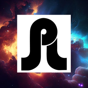 May include: Black and white stylized logo of the letter "A" with a curved design. The logo is set against a background of a nebula with orange and blue colors.