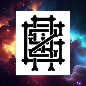 May include: Black and white graphic design of a stylized letter 'E' with a skeletal design. The letter is set against a dark blue and orange background with stars.