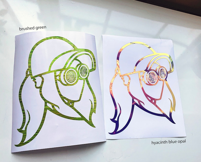 Peut inclure: Deux autocollants en vinyle repr&eacute;sentant une femme de dessin anim&eacute; avec un chapeau et des lunettes. L'autocollant de gauche est vert et l'autocollant de droite est iridescent.