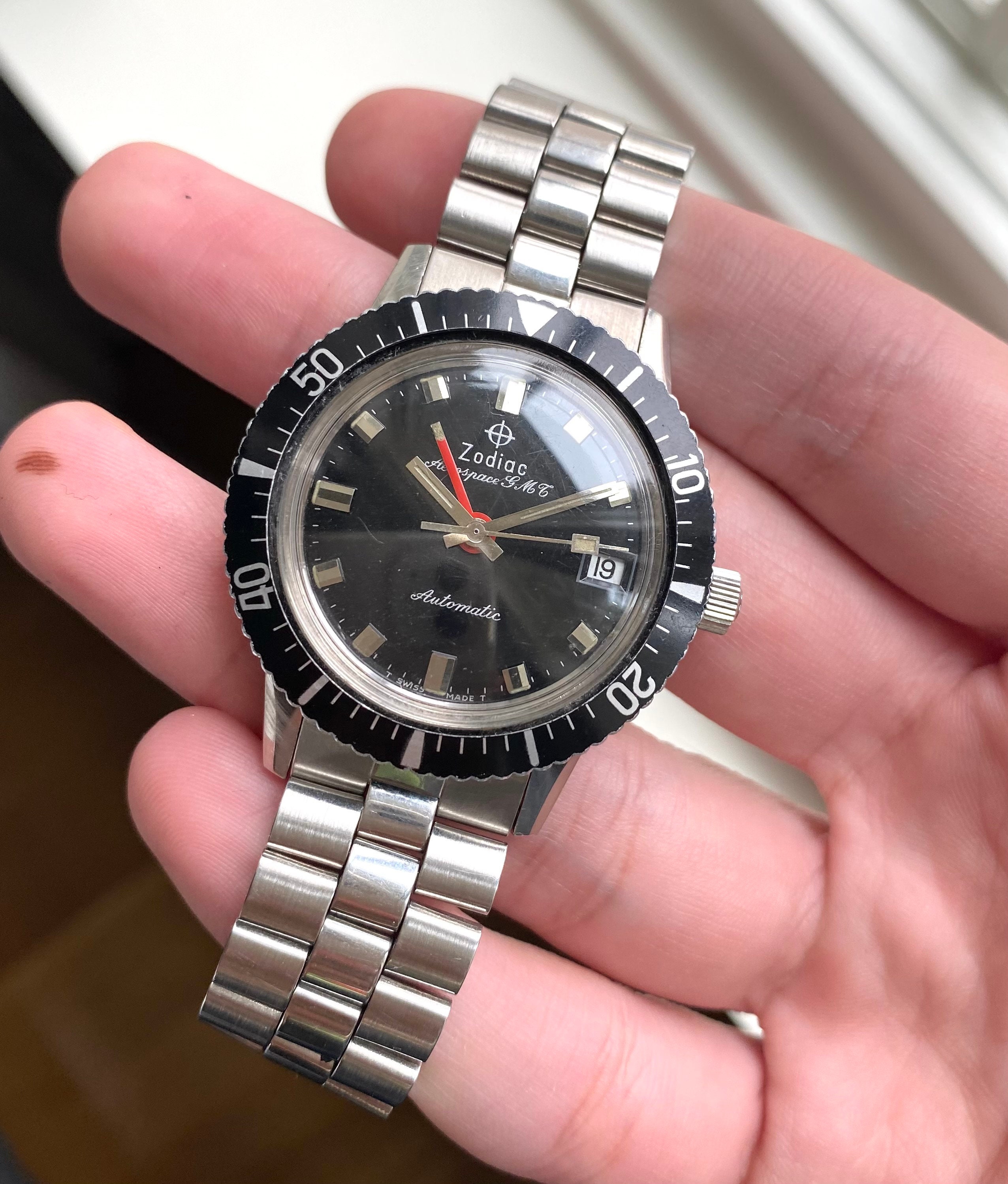 Vintage Zodiac 60s Aerospace GMT Automatic Black Bezel Gilt Black Dial