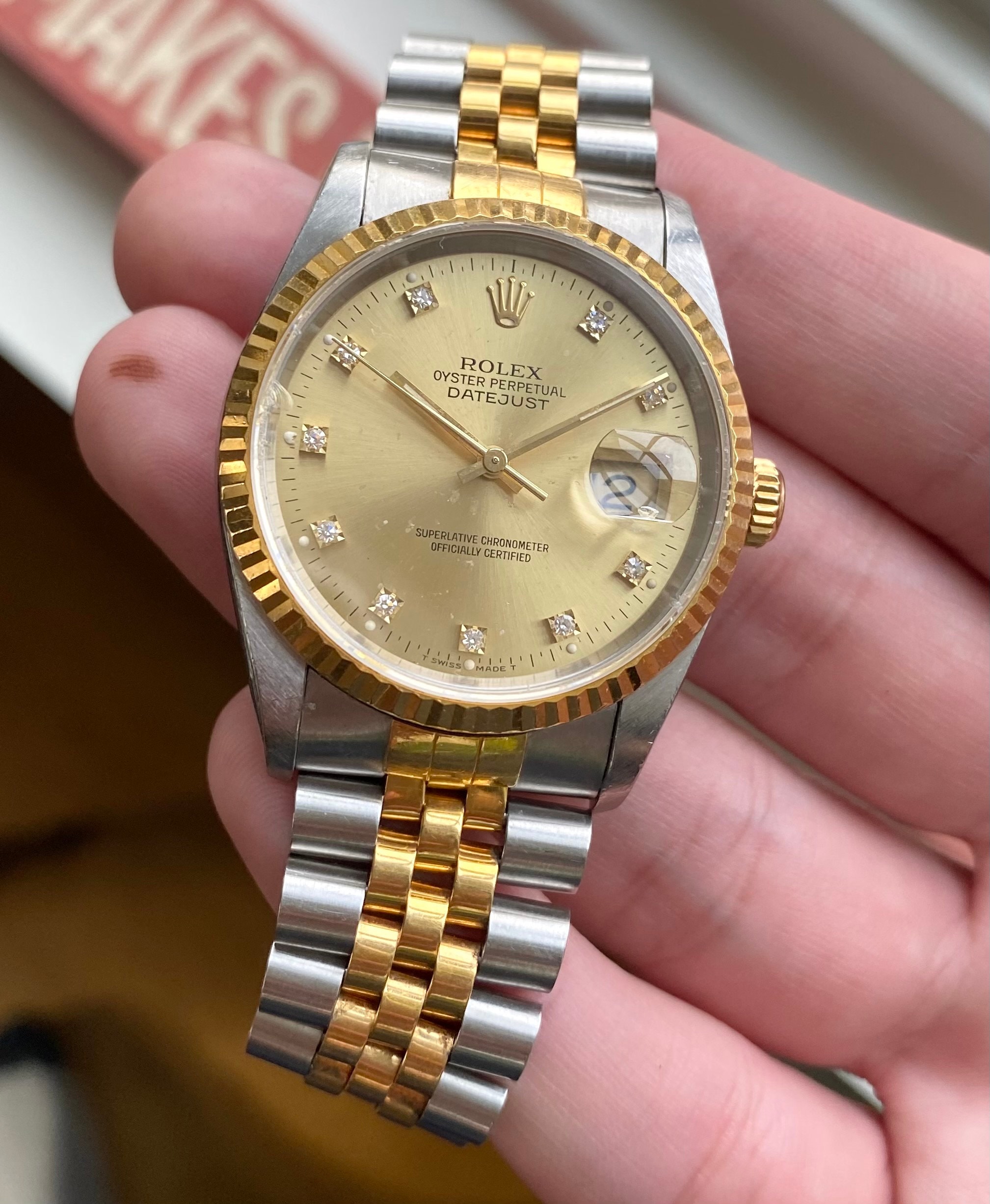 Rolex Datejust Ref 16233G Champagne Diamond Dial 18K Yellow 