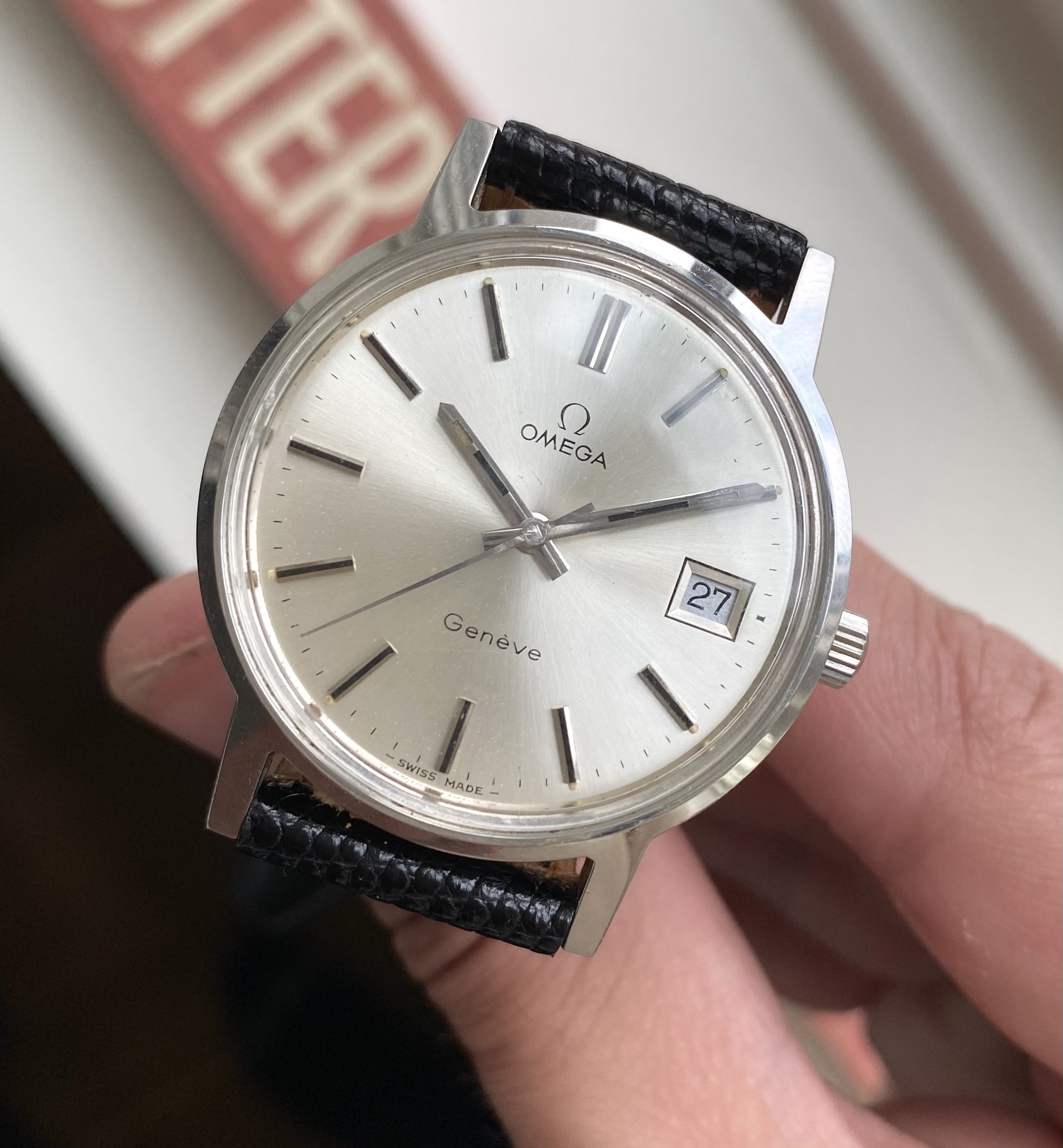 Vintage Omega Geneve Manual Wind Sunburst Silver Dial Quickset Date