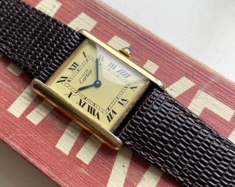 Vintage Cartier Tank Lemon Roman Numeral Dial Quartz 18K Electroplate Case Watch