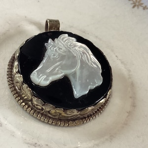 Tibetan Silver Horse Pendant, Black Onyx & Mother of Pearl Carved Horse Charm, 1.75 x 1.5 Round Horse Pendant, 1 Horse Pendant (SSHorseP)