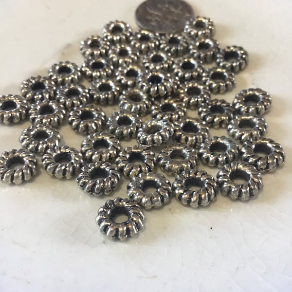 Rope Beads, Donut Ring Beads, Antique Silver Ring Beads, 29 Bead Lot, 8x3mm, 3mm Hole Beads, Leather Necklaces, Boho Bead Stash (ASR8-40)