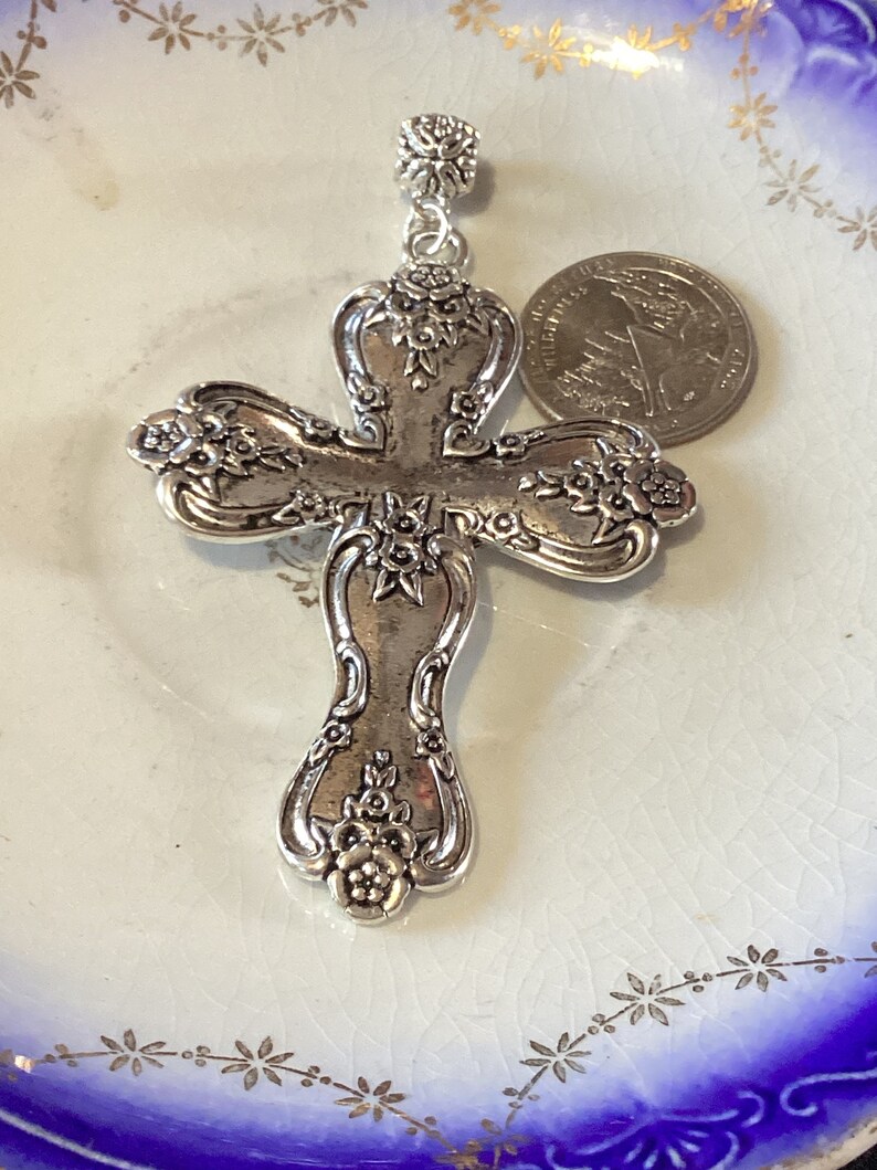 Silver Cross With Flowers, Silver Spoon Cross Pendant, Large Cross With ...