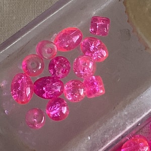 Hot Pink Beads, Pink Transparent Crackle Plastic Beads, Macramé Bracelets, Boho Bead Stash, Destash Pink Bead Mix, 59pc (HotPinkBds59)