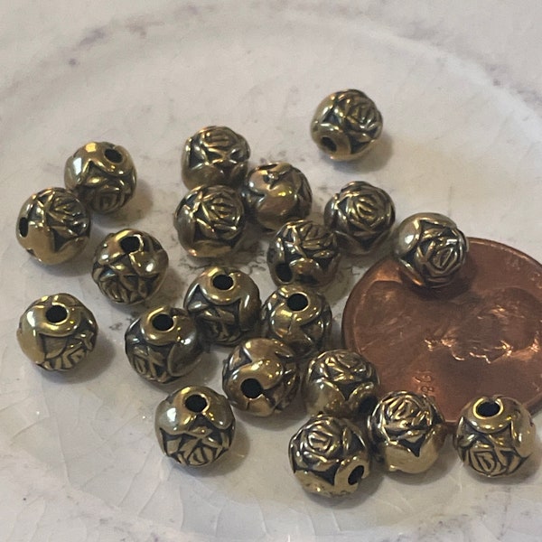 Golden Rose Beads, Carved Resin Rose Beads, 20 Rose Bead Lot, 6mm Round, Destash Bead Lot, Boho Bead Stash, Antique Gold Rose Beads (AGRose)