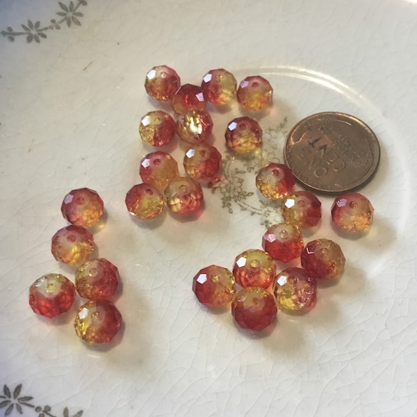 Lot of 25 pieces, Czech Crystal Beads, Vintage, 2 Tone, Red & Yellow Crystal Glass Beads, 8mm, Rondelle Shape Beads (D54595 Crystal)