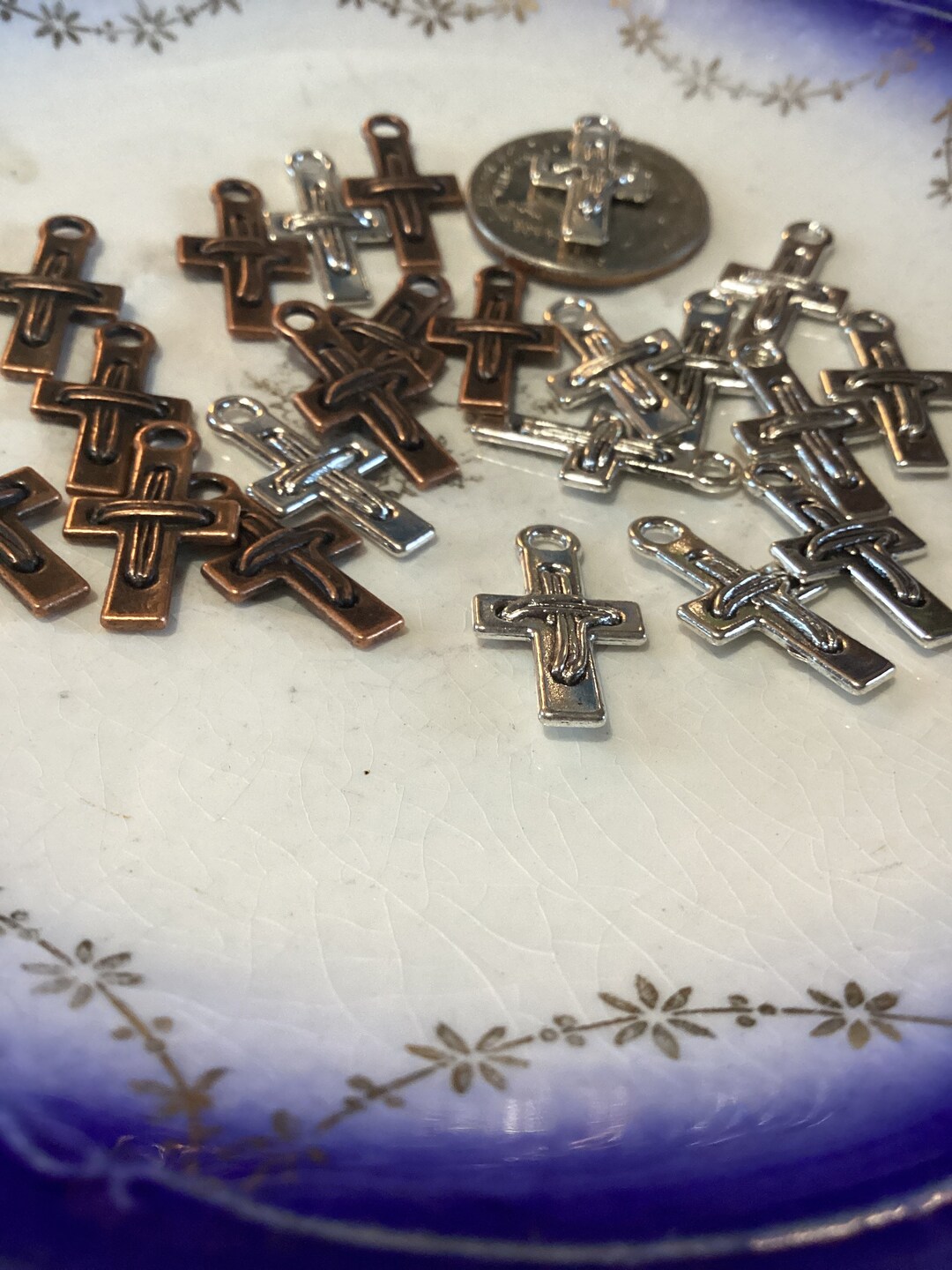 Copper & Silver Cross Charms Small Cross Charms Mixed Metal Etsy