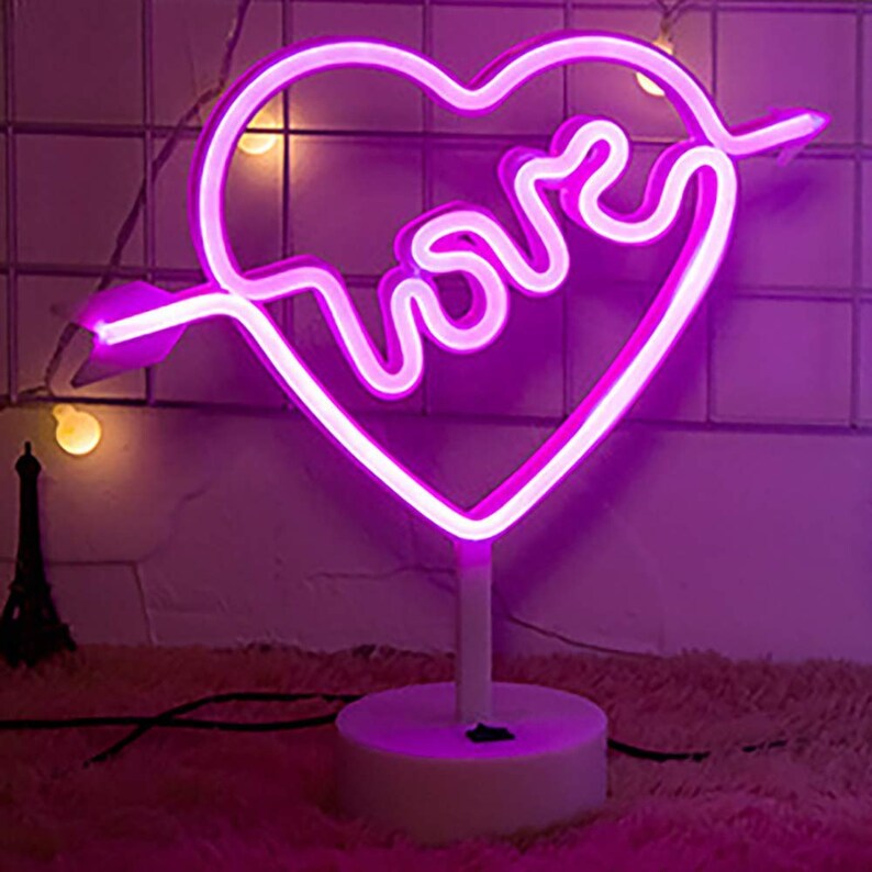 Love Neon Light Signs Night Light with Pedestal Cupid Heart Etsy