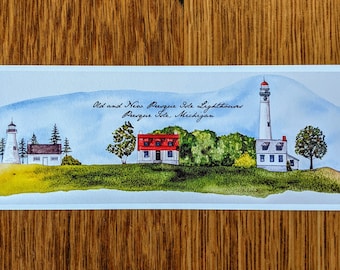 Presque Isle Lighthouses Print, Michigan Coastal Art, Nautical Bookmark
