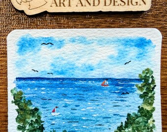 Original Tiny Art—View from the Tower painting, Optional Magnet