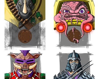 May include: Four Teenage Mutant Ninja Turtles villains, each with a sewer grate behind them.  The first is a rhino with a green helmet and a bandolier of bullets. The second is a pink, brain-like creature with a yellow shell. The third is a purple-haired, boar-like creature with a purple bandana and a chain around its neck. The fourth is a human-like figure with a silver mask and a purple cape, holding two silver katanas.