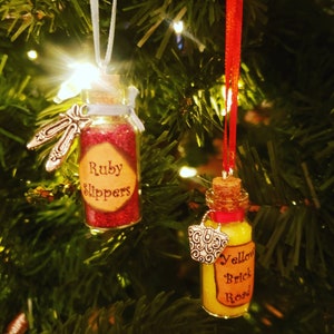 Wizard of Oz Inspired Ruby Slippers and Yellow Brick Road Glass Bottle Ornament Set with Charms and Red and Yellow Fine Glitter Gift Cosplay