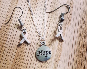 Hope Cancer Ribbon Earrings and Necklace Jewelry Set for Breast Cancer Awareness and Cancer Survivors with Silver Charms