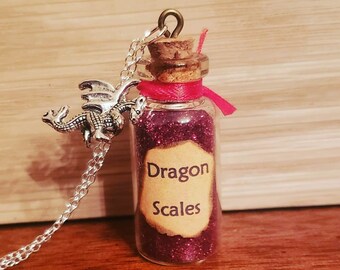 Handmade Dragon Scales Apothecary Vial Glass Bottle Necklace with Red Glitter and Dragon Charm Fantasy Gift for GoT, DnD, HP Cosplay & More!