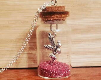 Bottled Pixie in the Jar-o Glass Cork Bottle with Dangling Fairy and Pink Glitter Sterling Silver Plated Necklace, Keychain, or Ornament
