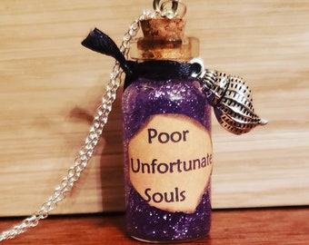 The Little Mermaid & Ursula Inspired "Poor Unfortunate Souls" Handmade Purple Glitter Bottle Necklace with Shell Charm Great for Cosplay