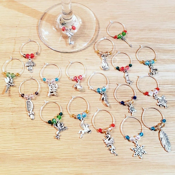 Princess Inspired Wine Charms Set of 18 Drink Markers Handmade with Crystal Beads and Tibetan Silver Charms for Dizzney Princesses and Fans