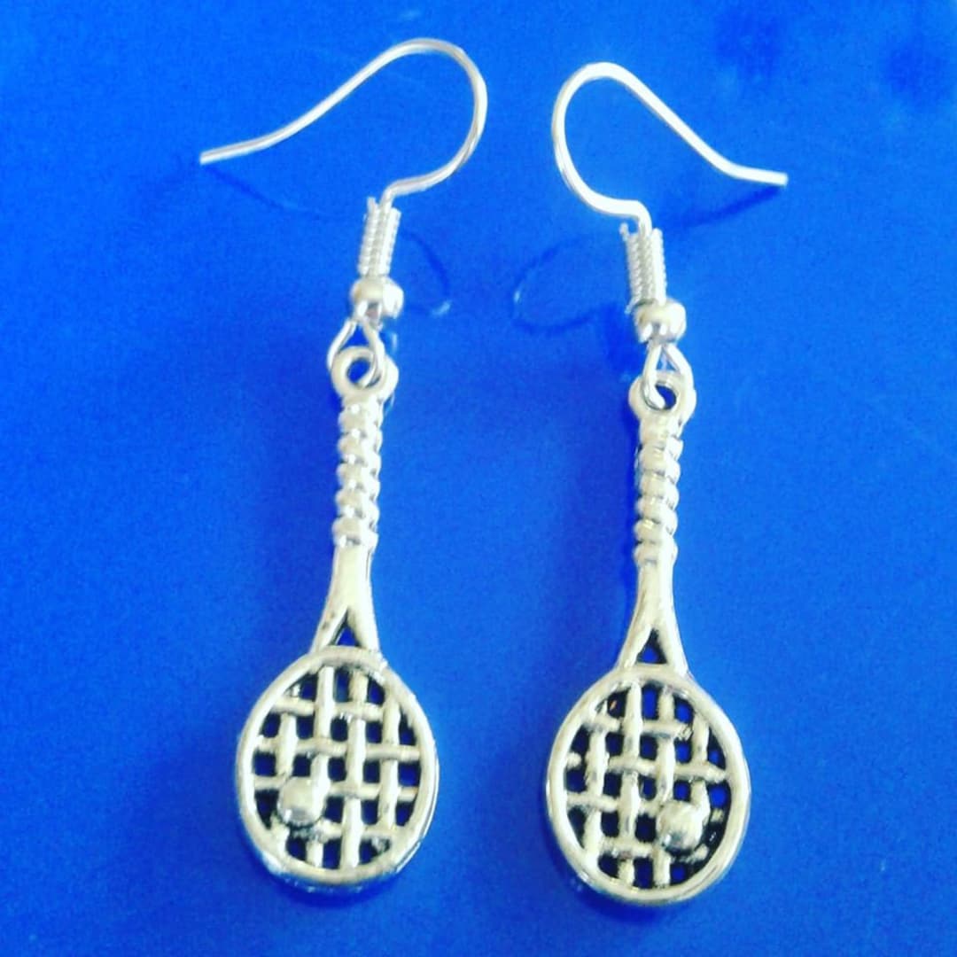 Handmade Silver Tennis Racket and Tennis Ball Sports Earrings With Hypoallergenic Surgical Steel