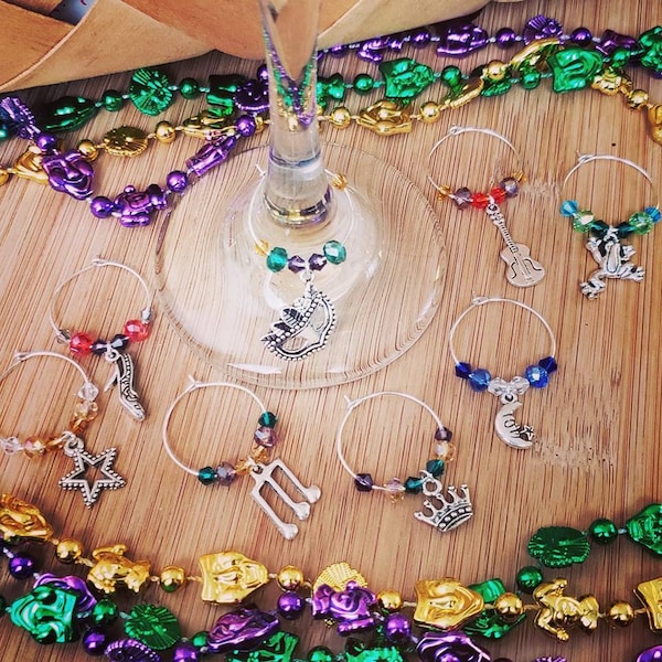 Mardi Gras Themed Set of 8 Wine Charms Drink Markers