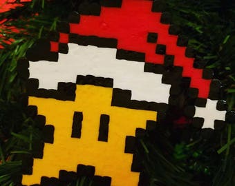 Mario Inspired Star in Santa Hat Perler Bead Ornament