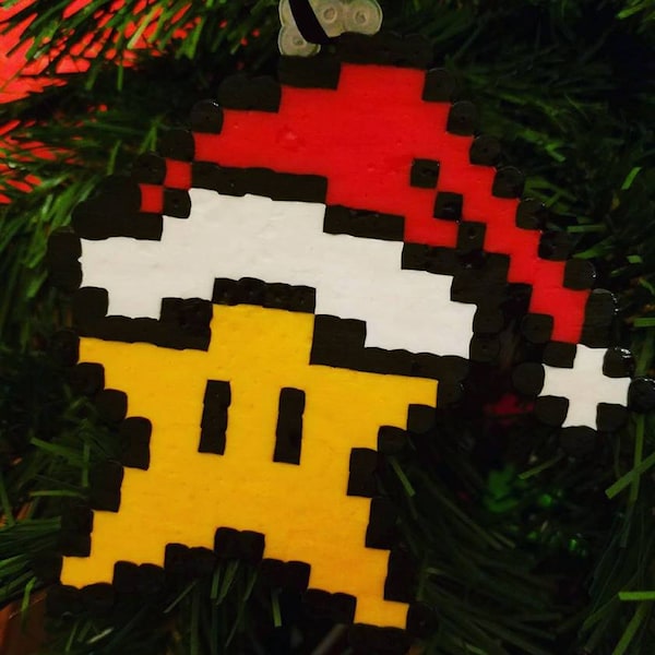 Mario Inspired Star in Santa Hat Perler Bead Ornament