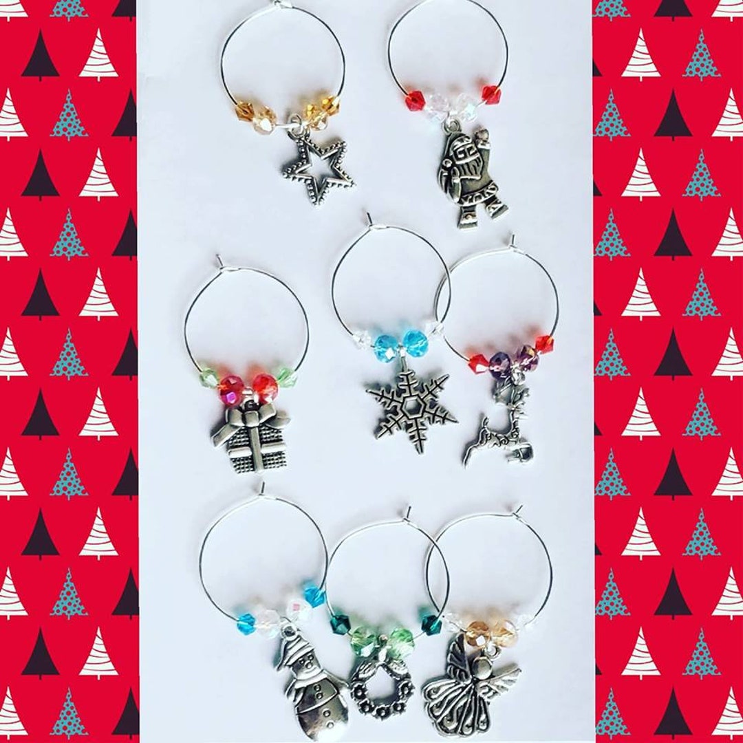 Christmas Holiday Wine Charms With Glass Beads Charm Set Etsy